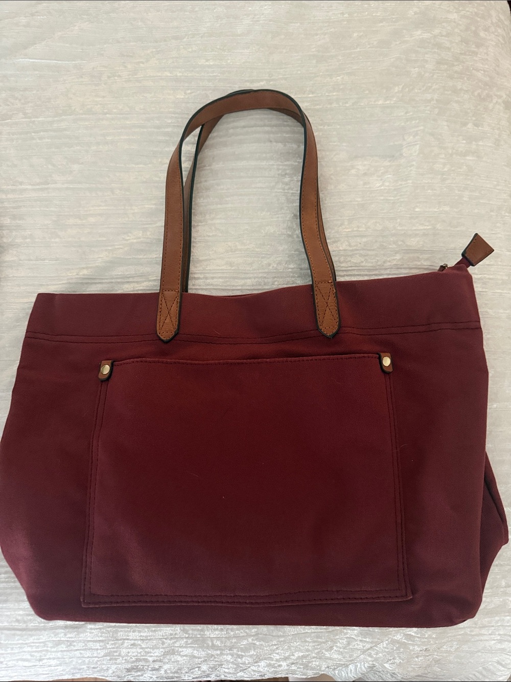 Women’s Canvas Tote Bag in Burgundy with Brown Handles